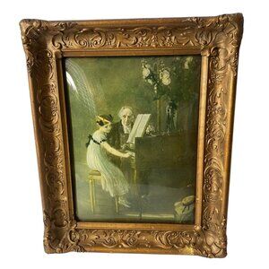Antique Convex Bubble Glass Framed‎ Print Girl Piano Lesson Gold Frame Victorian